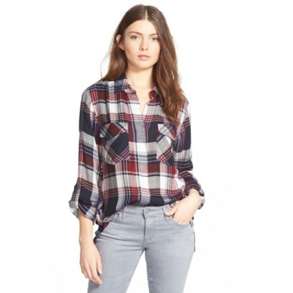 Sam Edelman Womens Riley Button Front Shirt Multicolor Plaid Lace Split‎ Back XS - Picture 1 of 11
